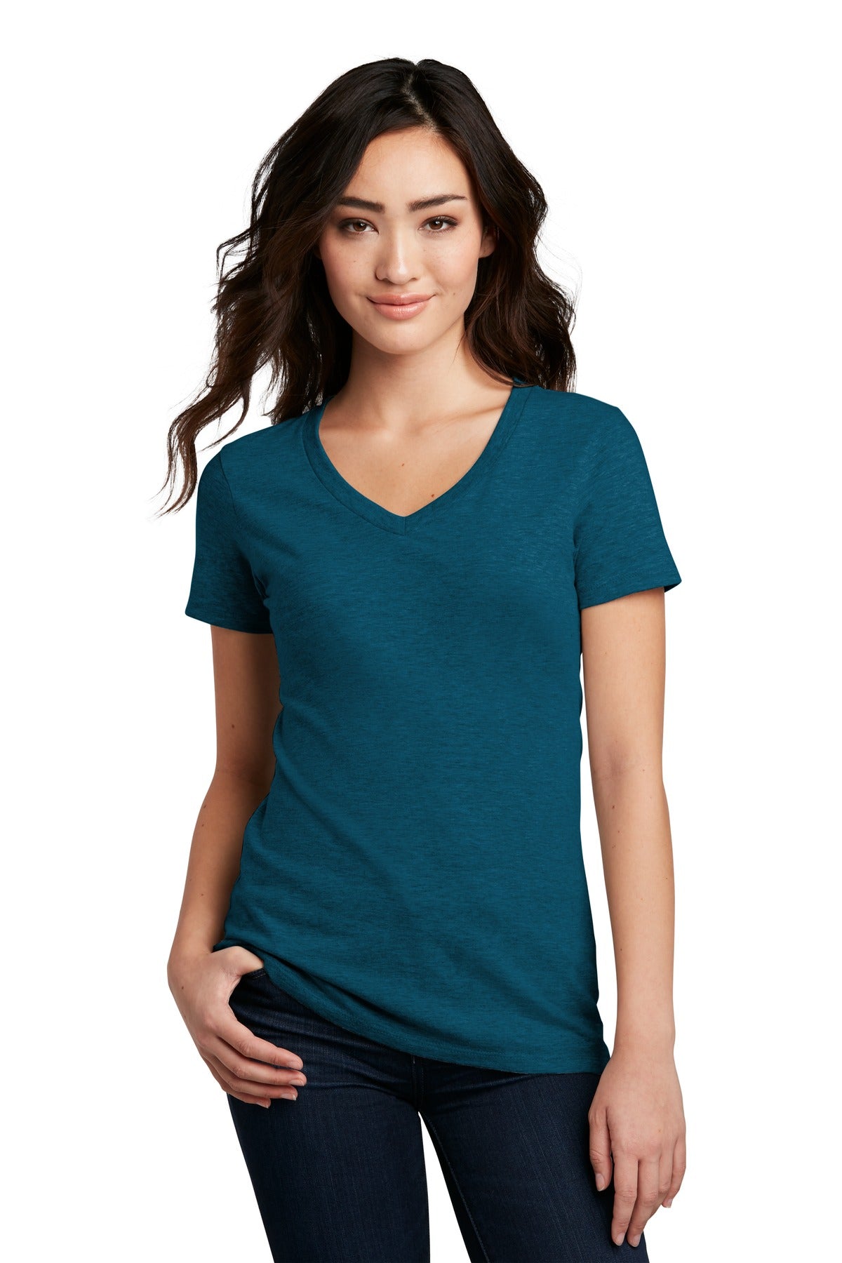 District ®  Women's Perfect Blend ®  CVC V-Neck Tee. DM1190L - Deep Turquoise Fleck