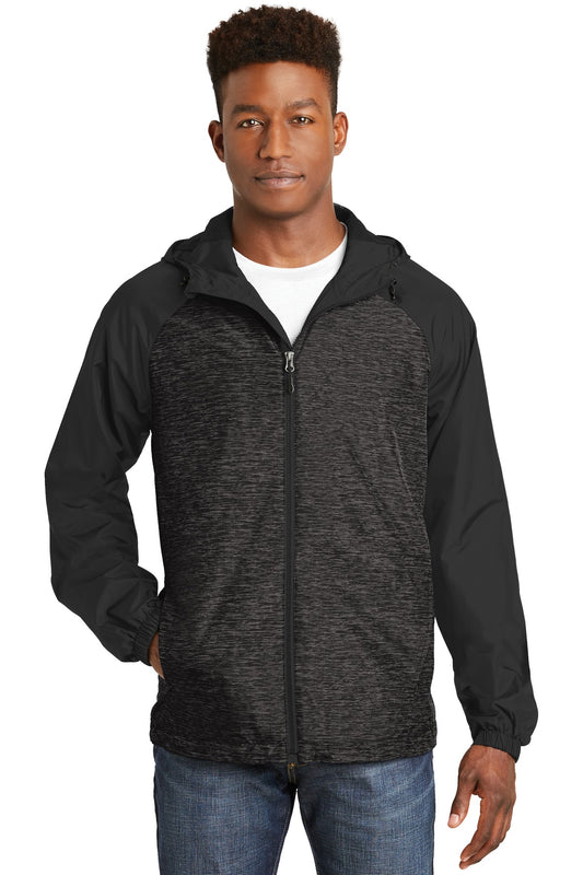 Sport-Tek ®  Heather Colorblock Raglan Hooded Wind Jacket. JST40